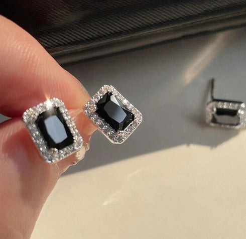 Baguette Cut 14K White Gold Plated Black Cubic Zirconia Men Women Stud Earrings